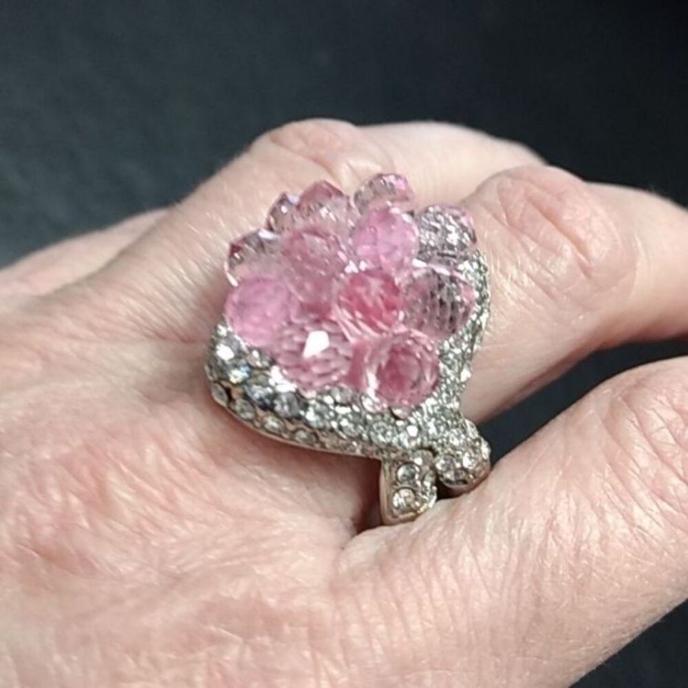 Silver tone pink crystal cluster ring size 10